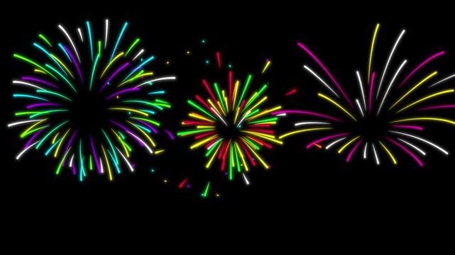 colorful cartoon comic style glowing fireworks animation on black background