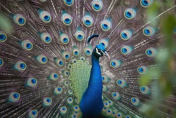 Obraz premium Vibrant Peacock Display: Beautiful Bird with Fanned Iridescent Feathers in Exotic Wildlife Portrait