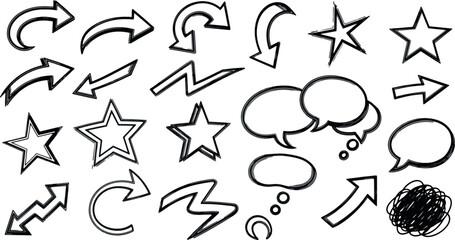 Hand drawn doodle set of arrows, stars, and speech bubbles in sketch style © MAHDIHASAN