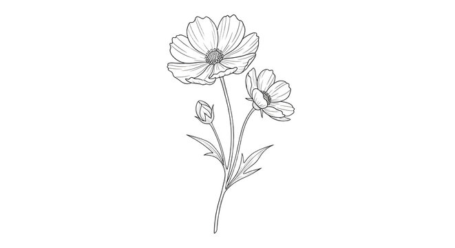 Delicate pencil botanical flower sketch with stem.