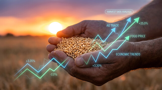 Hands holding golden wheat grains during sunset with financial stock market graph overlay representing agricultural trade food price index and global economic harvest data analysis.