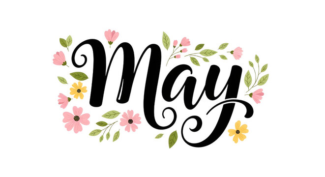Floral themed May script word art design.
