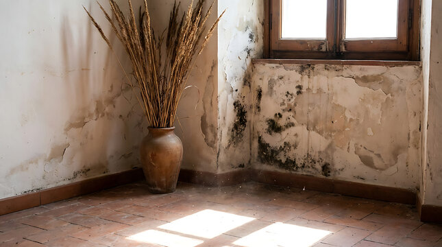 Indoor building corner featuring cracked plaster wall with toxic mold growth near window. Tall ceramic vase with dry pampas grass stalk. Natural sunlight on tile floor surface.