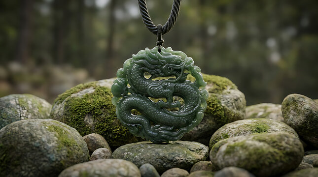 Exquisite hand carved green jade pendant featuring a majestic dragon motif, traditional cultural artifact displayed on smooth river stones with soft background, detailed jewelry artistry.