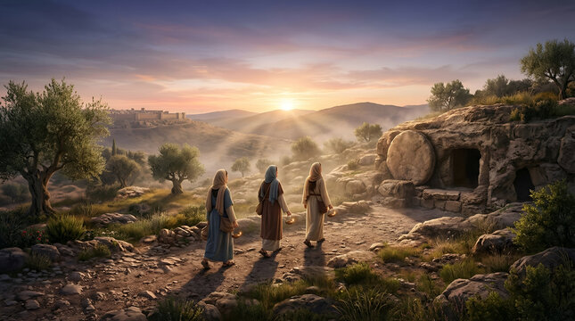 bibal Three women walking toward open empty tomb at sunrise, Biblical Easter scene of resurrection, Religious event for Christian holiday.