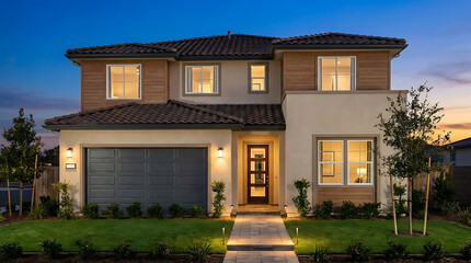 Obraz premium Contemporary residential architecture featuring a charcoal garage entrance, cream stucco facade, clay tile roofing, illuminated stone walkway, lush green grass, and inviting suburban ambiance.