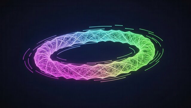 Radiant toroidal wireframe illuminating digital space with vibrant chromatic gradient