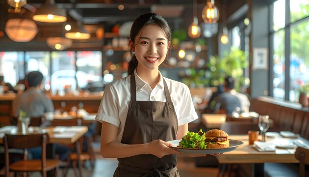 Friendly Asian waitress serving a fresh gourmet beef burger in a cozy sunlit cafe. Professional hospitality and dining concept.