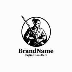 Fototapeta premium A Japanese samurai holding a sword is illustrated in a circular emblem logo design minimalist