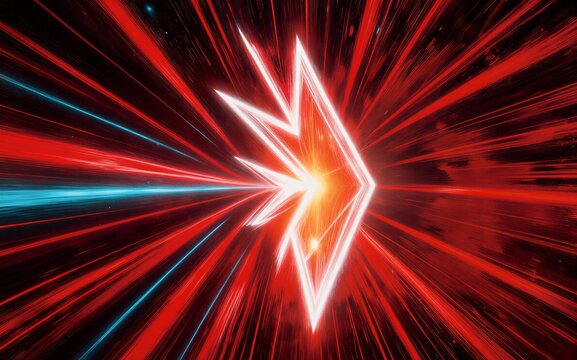 Vibrant red and blue light trails radiate from a glowing white arrow.