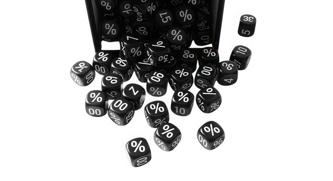 A large group of black six-sided dice with white numbers spilling out of a black storage bag isolated on transparent background
