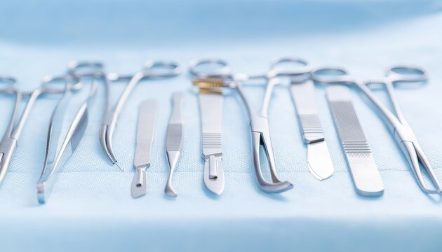 Assortment of sterile surgical instruments arranged on blue medical drape.