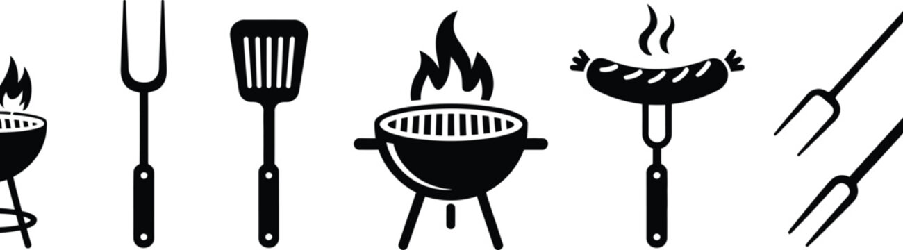 BBQ grill icons barbecue spatula fork picnic fire cooking vector illustration design