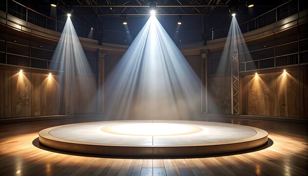 A large empty stage with spotlights shining down on it