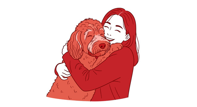 Happy young woman hugging her loving pet dog tightly