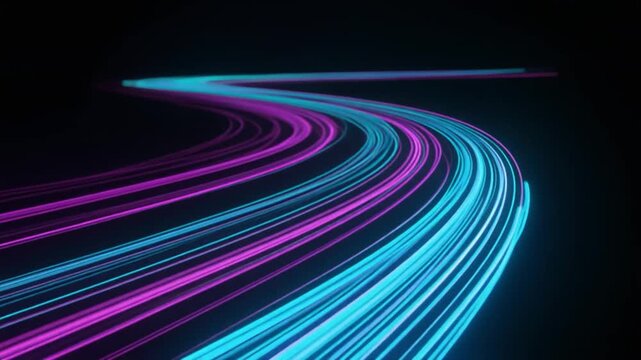 Vibrant neon streaks curve across a deep black void. Pink and blue light trails swirl with dynamic motion. Smooth, glowing lines suggest speed and forward momentum