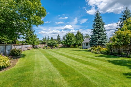 Large green manicured lawn stretches back to gazebo under a blue sky and white clouds