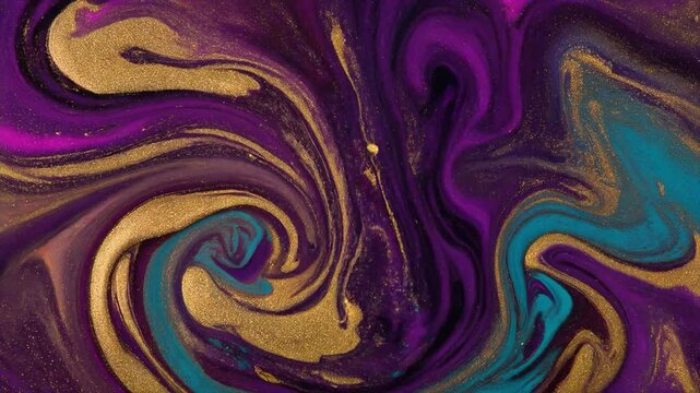 Vibrant swirls dance in cosmic hues. Purple, gold, and teal merge in fluid motion. Glitter sparkles across the abstract vortex. Golden spheres glow like celestial bodies