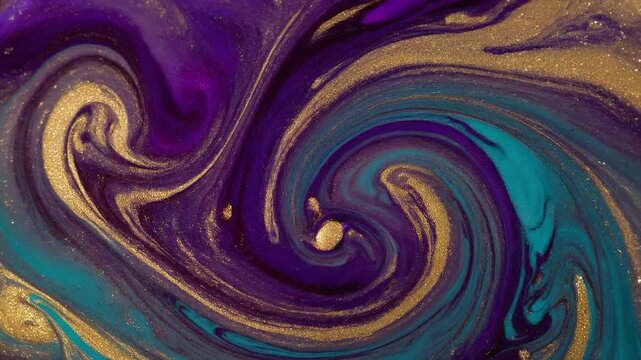Vibrant swirls dance in cosmic hues. Purple, gold, and teal merge in fluid motion. Glitter sparkles across the abstract vortex. Golden spheres glow like celestial bodies