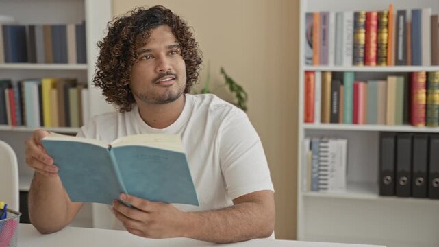 Young indian man holds book with fingers turning page in library building; contemplative quiet focus.