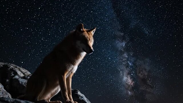 Wild Wolf Sitting on Rock Under Starry Night Sky