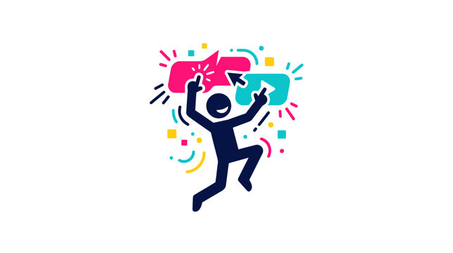 Joyful Stick Figure Celebrating Success with Colorful Speech Bubbles.