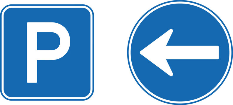 Blue parking sign left arrow direction road symbol set traffic navigation flat vector icons