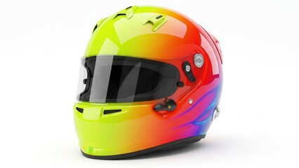 Fototapeta premium Vibrant High-Gloss Racing Helmet Displaying Dynamic Rainbow Gradient on White Backdrop