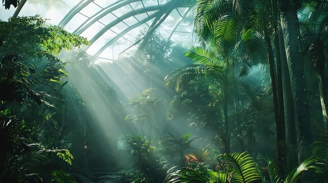 A serene and vibrant tropical greenhouse with lush greenery and sunbeams shining through the glass roof on transparent background