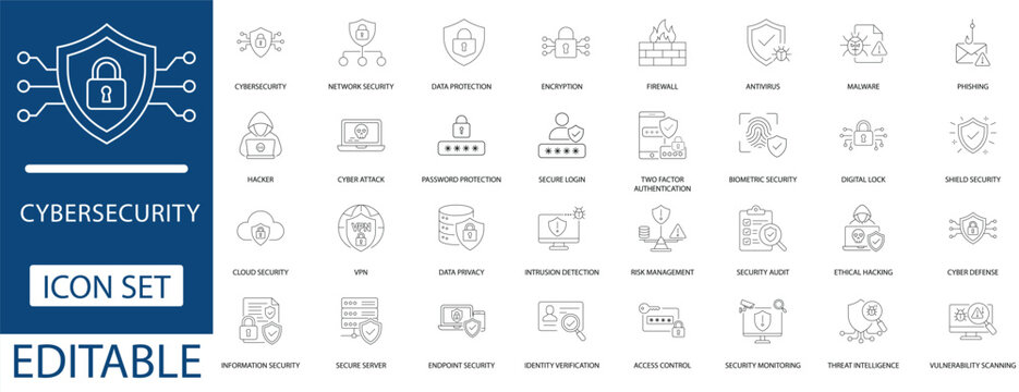 cybersecurity line icon set featuring network protection, data privacy, encryption, cloud security, ethical hacking, and threat intelligence for web and mobile UI design.