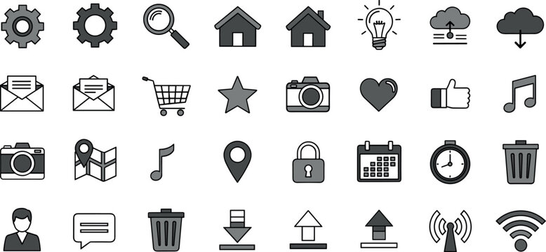 User interface and web icon set featuring navigation media communication settings cloud and file management symbols
