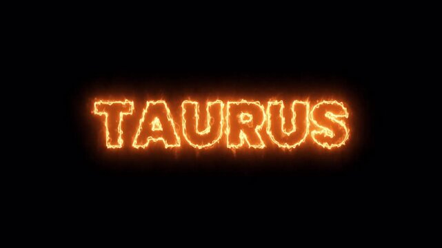 fiery neon taurus zodiac sign text animation with glowing orange flame effect on dark background, 4k video