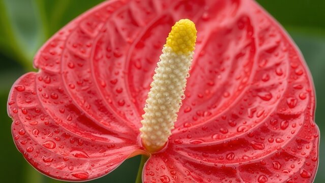 Exquisite red anthurium bloom with sparkling water beads on its unique textured spathe and spadix