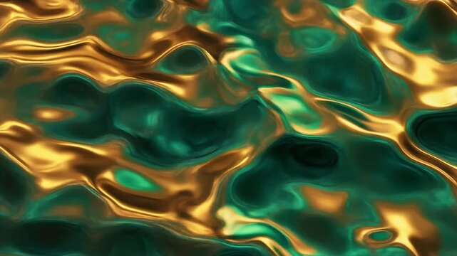 Rich, flowing liquid blends emerald and gold hues. Curved, glossy waves ripple with liquid motion and depth. Ideal for luxury, modern design, or abstract digital art. Texture suggests fluid energy