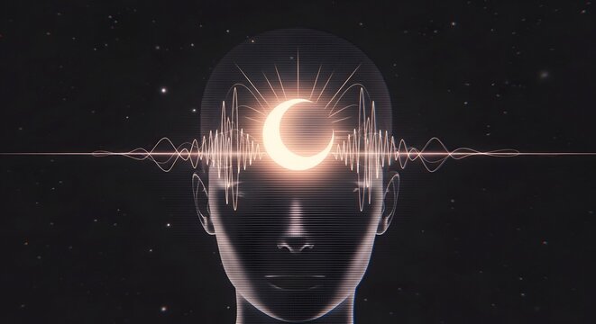 Transparent Human Head with Glowing Crescent Moon at Third Eye and Sound Wave Frequency, Lunar Brainwave Meditation and Hz Healing Concept