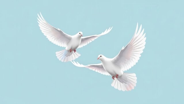 Two graceful white doves soaring peacefully across a tranquil azure sky representing hope and