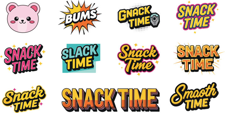 A vibrant collection of colorful cartoon stickers features playful phrases like snack time and slack time alongside a cute bear illustration high quality