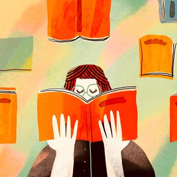 Young Woman Holding an Open Book with Flying Books Around