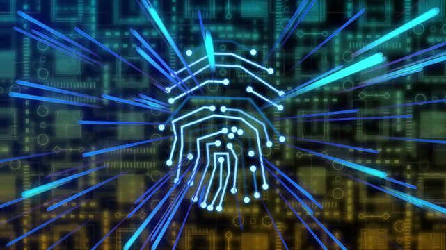 Nodes coalescing and forming neon fingerprint circuit, powering tech security with radial streaks