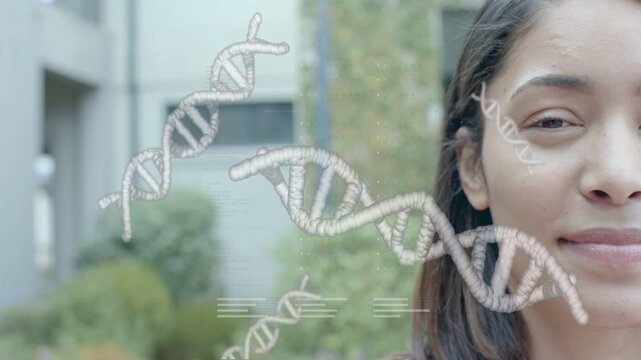 Woman standing opening eyes and smiling, animated DNA helices floating and causing health marketing
