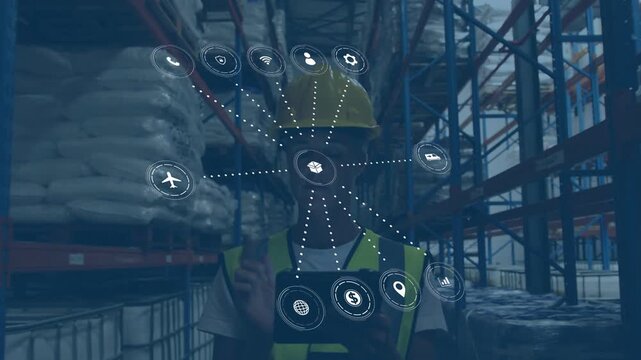 Warehouse worker with tablet watching initial icon appearing, icons linking into hub for logistics