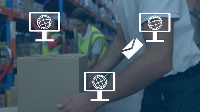 Warehouse worker lifting boxes off stack, causing globe and mail icons fading settling for shipping