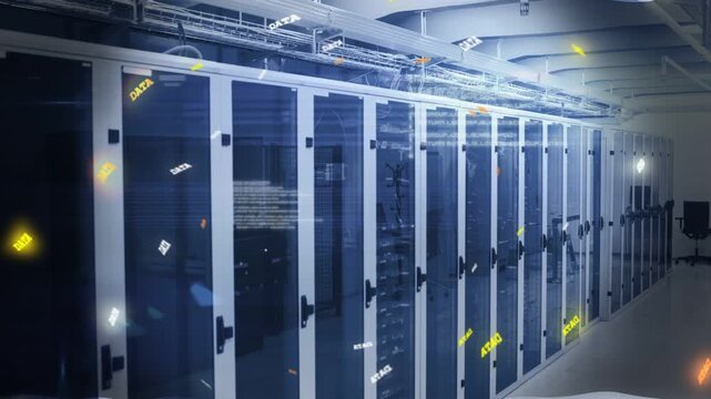 Incoming data hitting data center racks, DATA labels appearing and intensifying, reflecting glass