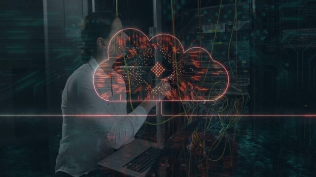 Glowing cloud overlay appearing over rack, IT pro checking laptop, adjusting cables, fixing network