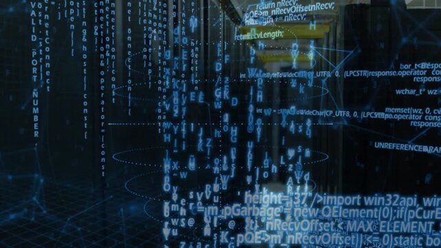 Camera pushing forward starting holo code panels and falling text over server racks for monitoring