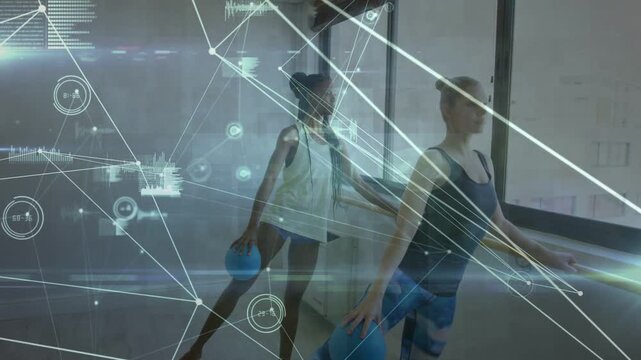 Right woman starting lunge partner mirroring holding blue balls HUD over them showing dance balance