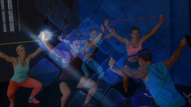 Leader cueing tempo while fitness class syncing overhead bands squat-lunges, blue overlay drifting