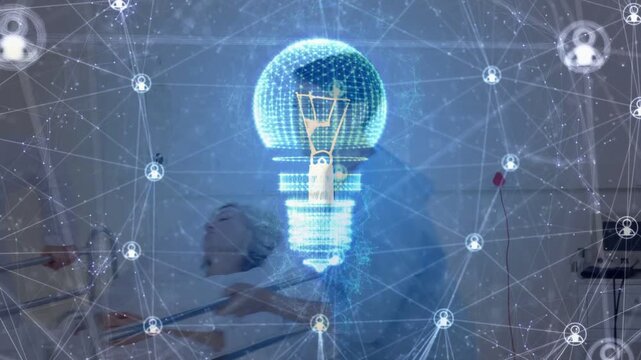 Doctor leaning over patient and nurse adjusting IV, medical hologram growing over bed to show data