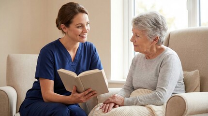 Fototapeta premium Nurse reading a book to elderly woman while sitting indoors 