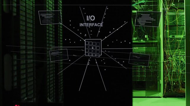 Animated I or O interface emerging from square, linking server racks and cables, visualizing network